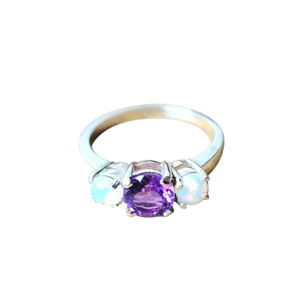 3 Stone genuine Amethyst and Opal Ring in Sterling Silver or Gold