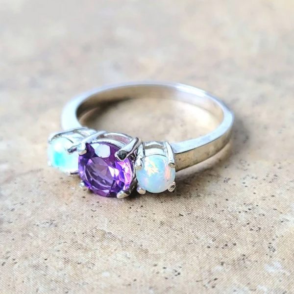 3 Stone genuine Amethyst and Opal Ring in Sterling Silver or Gold - Image 2