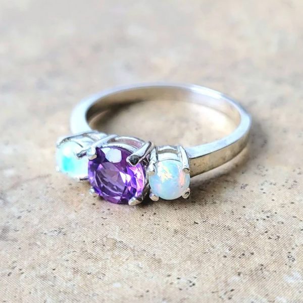 3 Stone genuine Amethyst and Opal Ring in Sterling Silver or Gold - Image 3