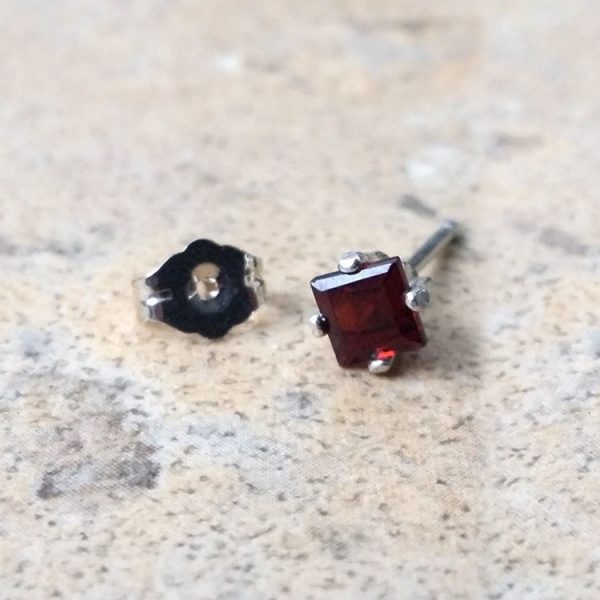 Genuine Garnet 4mm Square-cut Sterling Silver stud earrings- January Birthday - Image 2