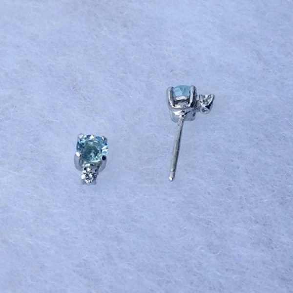 Genuine Aquamarine & Genuine Diamond round stud earrings- March Birthstone- April Birthstone-First pair-For Bride in Sterling Silver or Gold - Image 2