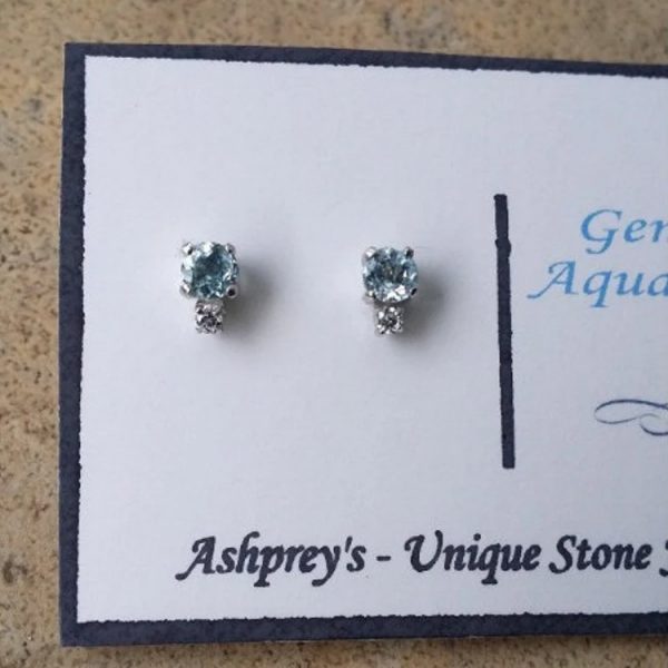 Genuine Aquamarine & Genuine Diamond round stud earrings- March Birthstone- April Birthstone-First pair-For Bride in Sterling Silver or Gold - Image 3