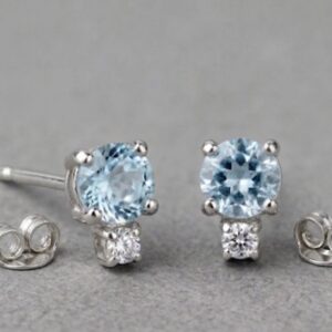 Aquamarine & Diamond Stud Earrings, 4mm Aquamarine, 2mm Diamond, Sterling Silver or Gold, March April Birthstone, Handmade Gemstone Earrings