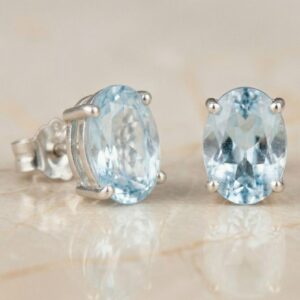 Aquamarine Stud Earrings 7x5mm Oval, Sterling Silver or Gold, March Birthstone, Blue Gemstone Earrings, Handmade Studs, Dainty Elegant Jewelry