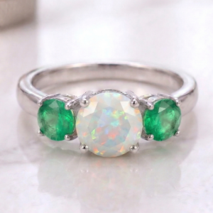 Opal & Emerald 3 Stone Ring – Sterling Silver or Gold | October & May Birthstone Ring | Bridal & Anniversary Gift