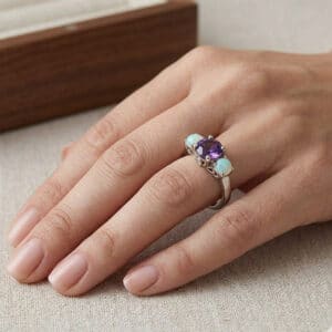 3 Stone genuine Amethyst and Opal Ring in Sterling Silver or Gold