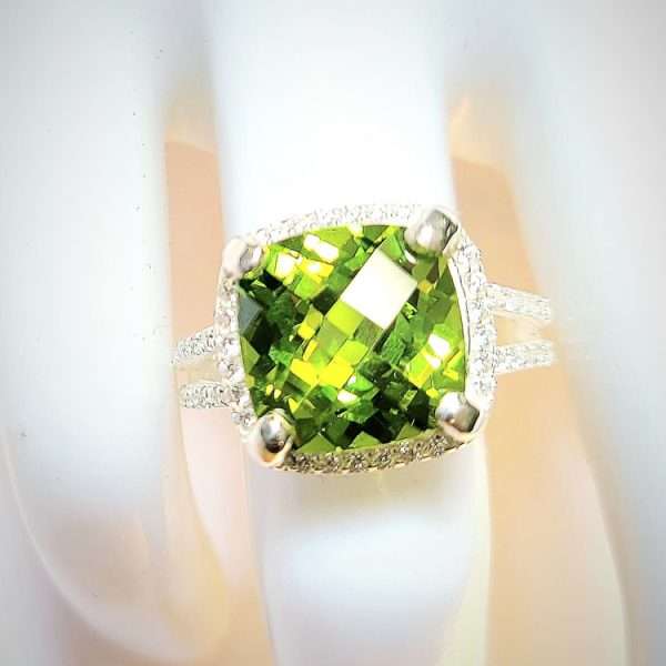 Peridot Ring - Large Peridot cushion checkerboard ring in Sterling Silver