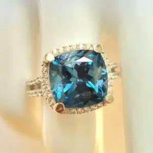 London Blue Topaz large cushion cut halo ring