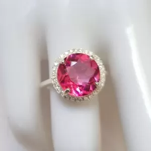 Pink Topaz halo ring in Sterling Silver