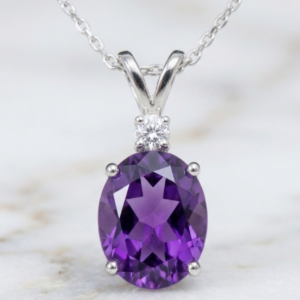 Amethyst & Diamond Necklace – Sterling Silver or Gold | February Birthstone Necklace | Oval Amethyst Pendant | Gift for Her