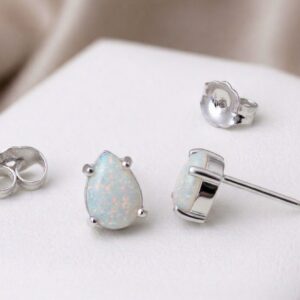 Pear Opal Stud Earrings – 6x4mm Australian Opals, Sterling Silver or 14K/18K Gold, Handmade Prong Setting, October Birthstone Jewelry