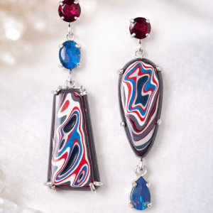 Fordite Garnet Opal Dangle Earrings, Sterling Silver, Handmade One of a Kind, Artisan Statement Earrings, Colorful Modern Jewelry