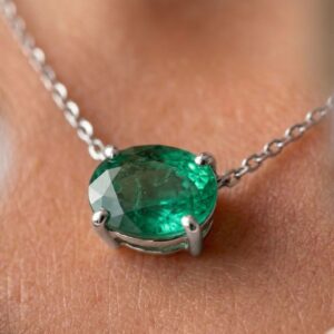 Zambian Emerald Choker Necklace – 7x5mm Oval Emerald, Solid Silver or Gold, Handmade Prong Setting, Endless Chain, Dainty Luxury Jewelry